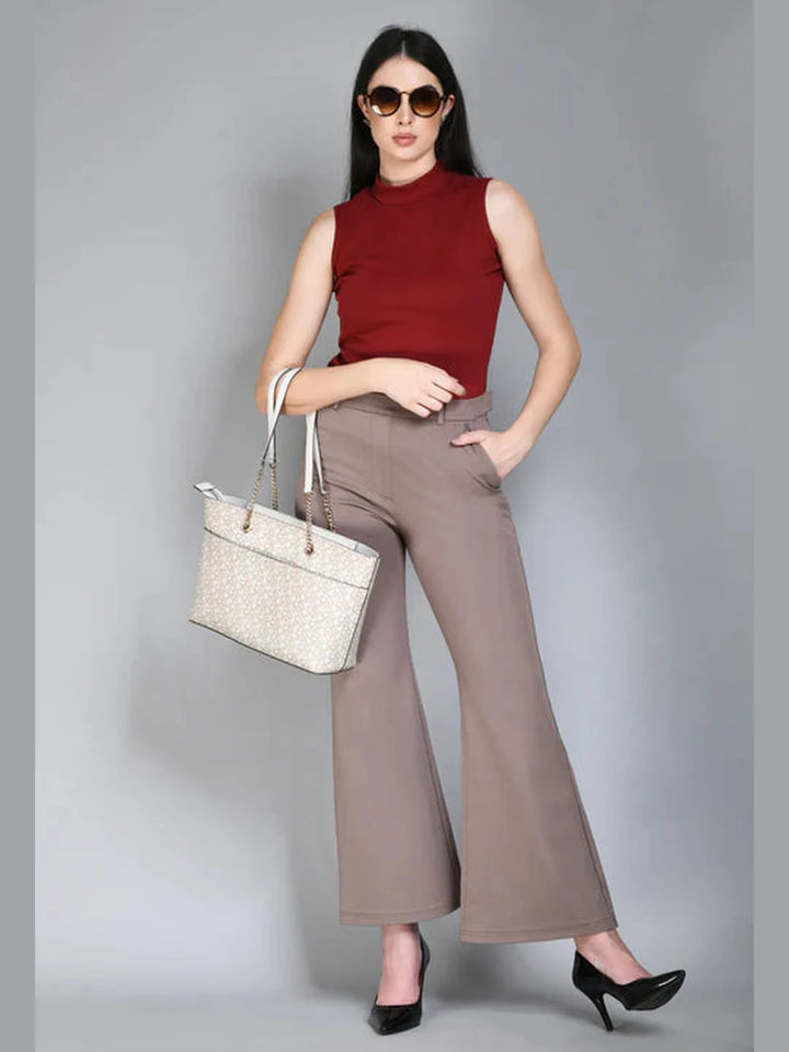 Exude Accomplishment Solid 4 Way Stretch Bootcut Trousers Camel Beige Trouser