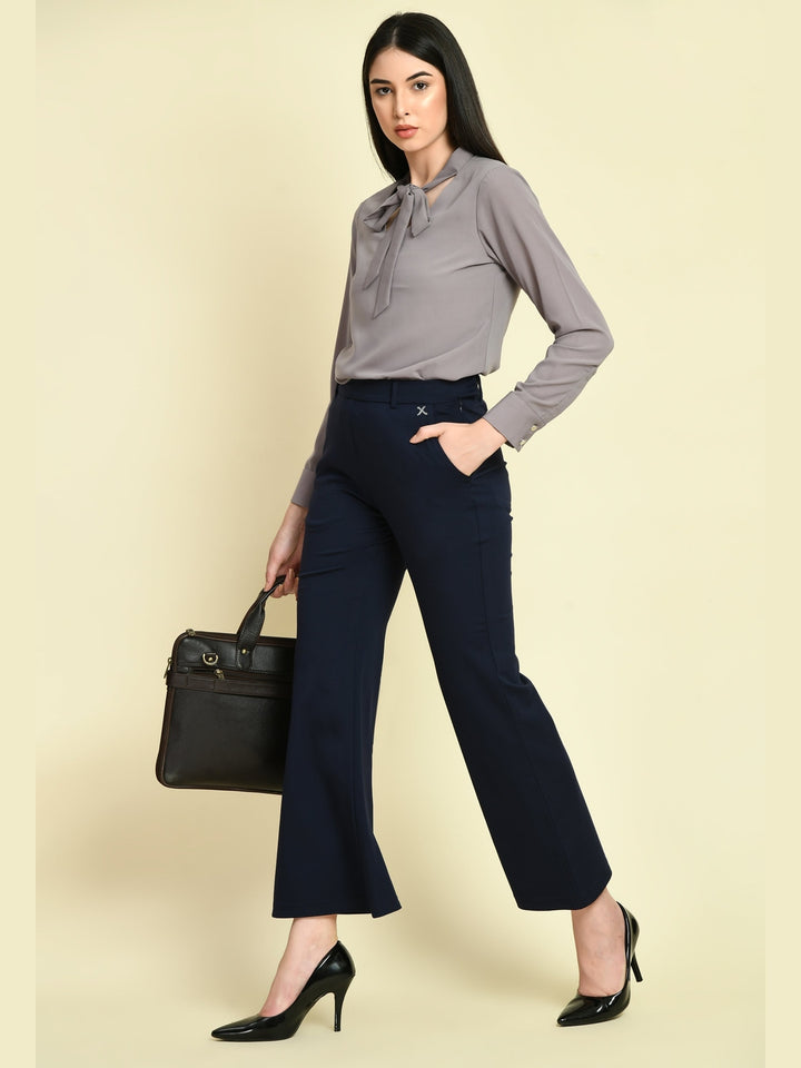 Exude Accomplishment Solid 4 Way Stretch Bootcut Trousers Navy Trouser