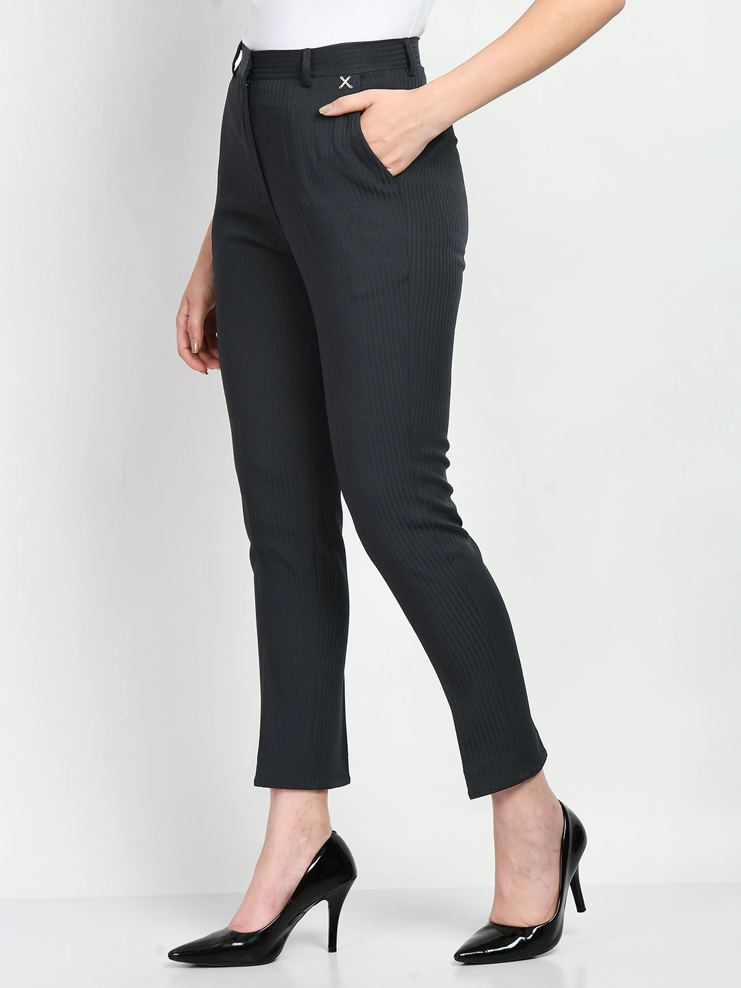 Exude Fire Striped Straight Trousers Navy Trouser